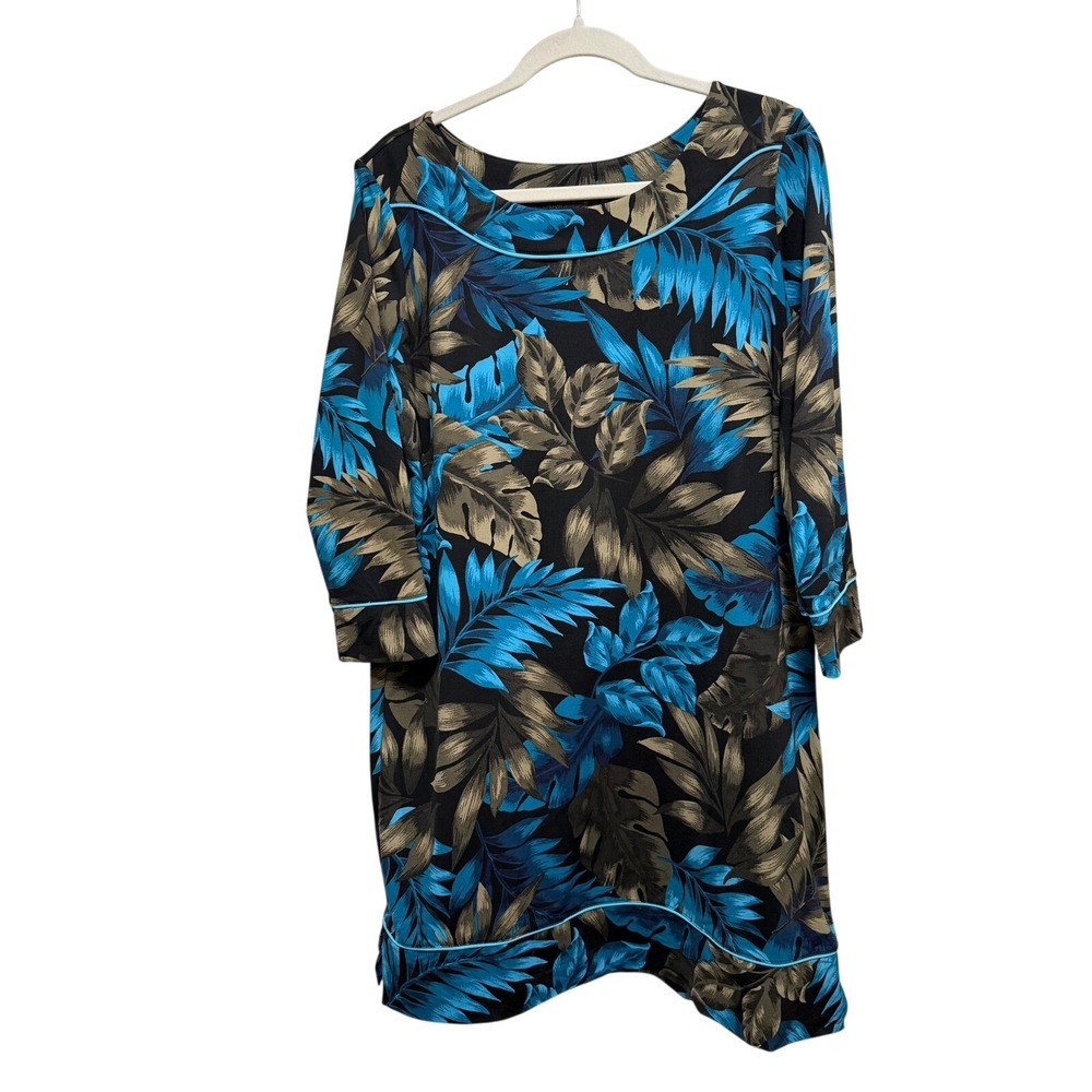 Lands End Womens Large 14-16 Tropical Palm Swim Dress Cover Up 3/4 Sleeve Blue